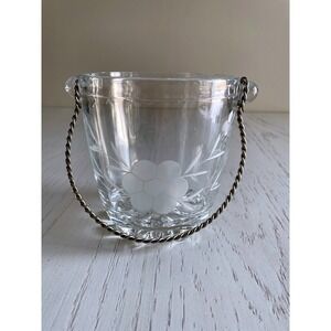 Vintage Mid-century Ice Bucket Etched Flower  Metal Twisted Handle Barware